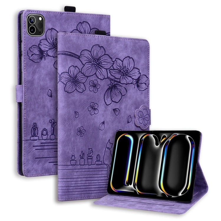 For iPad Pro 11 2024 Cartoon Sakura Cat Embossed Smart Leather Tablet Case(Purple) - iPad Pro 11 2024 Cases by PMC Jewellery | Online Shopping South Africa | PMC Jewellery | Buy Now Pay Later Mobicred