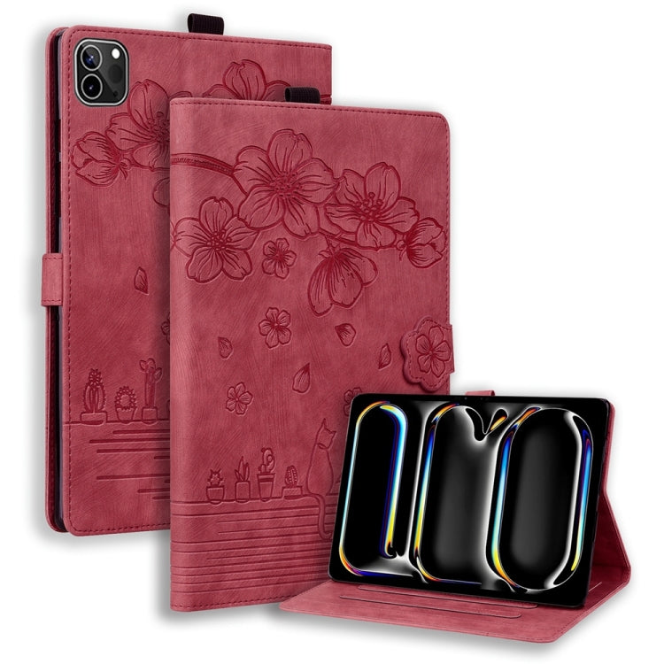 For iPad Pro 13 2024 Cartoon Sakura Cat Embossed Smart Leather Tablet Case(Red) - iPad Pro 13 2024 Cases by PMC Jewellery | Online Shopping South Africa | PMC Jewellery | Buy Now Pay Later Mobicred