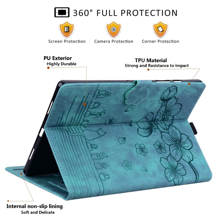 For Samsung Galaxy Tab S9+ /S8+ /S7+ Cartoon Sakura Cat Embossed Smart Leather Tablet Case(Green) - Galaxy Tab S9+ Cases by PMC Jewellery | Online Shopping South Africa | PMC Jewellery | Buy Now Pay Later Mobicred