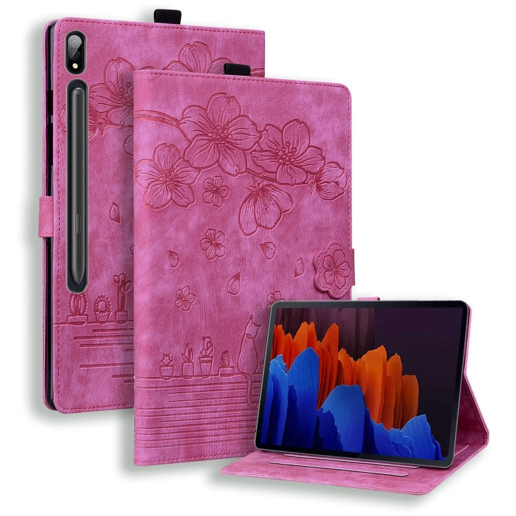 For Samsung Galaxy Tab S9+ /S8+ /S7+ Cartoon Sakura Cat Embossed Smart Leather Tablet Case(Rose Red) - Galaxy Tab S9+ Cases by PMC Jewellery | Online Shopping South Africa | PMC Jewellery | Buy Now Pay Later Mobicred