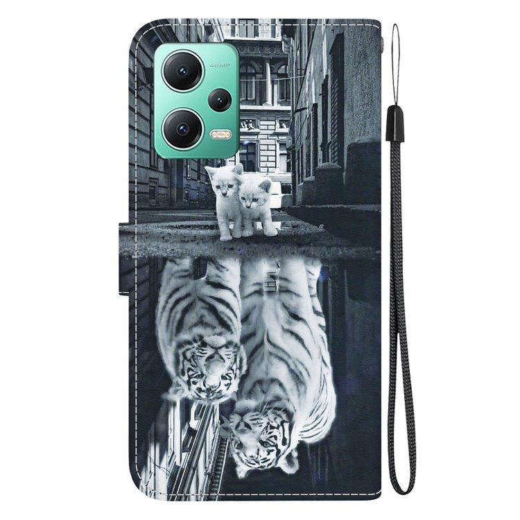 For Xiaomi Redmi Note 12 5G Crystal Texture Colored Drawing Leather Phone Case(Cat Tiger Reflection) - Xiaomi Cases by PMC Jewellery | Online Shopping South Africa | PMC Jewellery | Buy Now Pay Later Mobicred