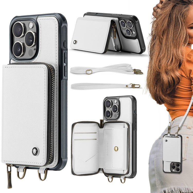 For iPhone 16 Pro JEEHOOD C22 Series Zipper Wallet Leather Phone Case with Dual Lanyard(White) - iPhone 16 Pro Cases by JEEHOOD | Online Shopping South Africa | PMC Jewellery | Buy Now Pay Later Mobicred