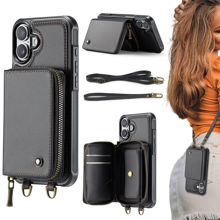 For iPhone 16 Plus JEEHOOD C22 Series Zipper Wallet Leather Phone Case with Dual Lanyard(Black) - iPhone 16 Plus Cases by JEEHOOD | Online Shopping South Africa | PMC Jewellery | Buy Now Pay Later Mobicred