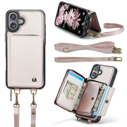 For iPhone 16 Plus JEEHOOD C22 Series Zipper Wallet Leather Phone Case with Dual Lanyard(Rose Gold) - iPhone 16 Plus Cases by JEEHOOD | Online Shopping South Africa | PMC Jewellery | Buy Now Pay Later Mobicred