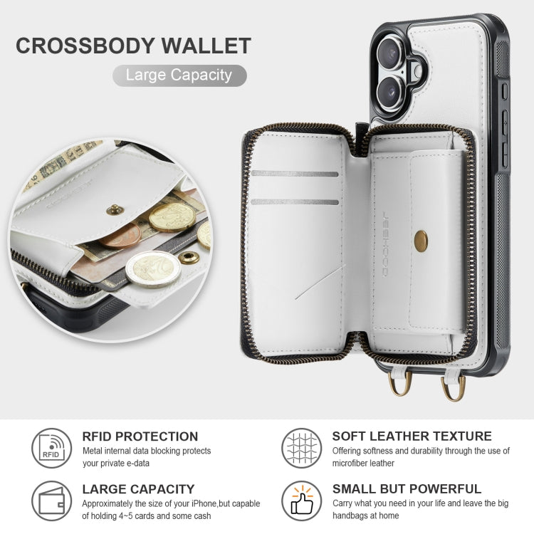 For iPhone 16 JEEHOOD C22 Series Zipper Wallet Leather Phone Case with Dual Lanyard(White) - iPhone 16 Cases by JEEHOOD | Online Shopping South Africa | PMC Jewellery | Buy Now Pay Later Mobicred