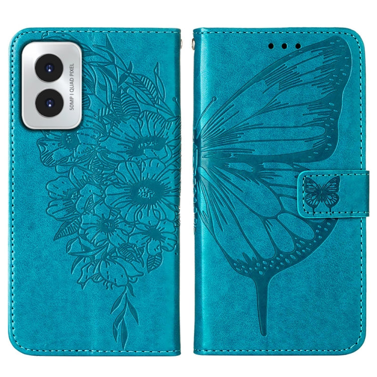 For Motorola Moto G Play 4G 2024 Embossed Butterfly Leather Phone Case(Blue) - Motorola Cases by PMC Jewellery | Online Shopping South Africa | PMC Jewellery | Buy Now Pay Later Mobicred