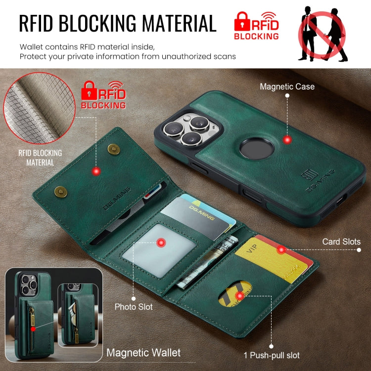 For iPhone 16 Pro Max DG.MING M5 Series Zip RFID Multi Card Detachable Leather Phone Case(Green) - iPhone 16 Pro Max Cases by DG.MING | Online Shopping South Africa | PMC Jewellery | Buy Now Pay Later Mobicred