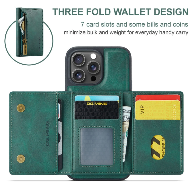 For iPhone 16 Pro DG.MING M5 Series Zip RFID Multi Card Detachable Leather Phone Case(Green) - iPhone 16 Pro Cases by DG.MING | Online Shopping South Africa | PMC Jewellery | Buy Now Pay Later Mobicred