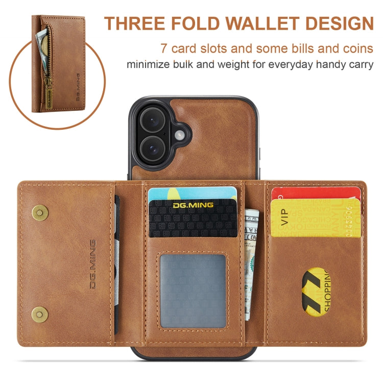 For iPhone 16 Plus DG.MING M5 Series Zip RFID Multi Card Detachable Leather Phone Case(Brown) - iPhone 16 Plus Cases by DG.MING | Online Shopping South Africa | PMC Jewellery | Buy Now Pay Later Mobicred