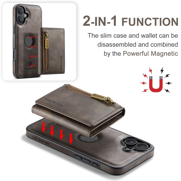 For iPhone 16 DG.MING M5 Series Zip RFID Multi Card Detachable Leather Phone Case(Coffee) - iPhone 16 Cases by DG.MING | Online Shopping South Africa | PMC Jewellery | Buy Now Pay Later Mobicred