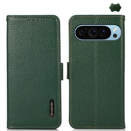 For Google Pixel 9 KHAZNEH Side-Magnetic Litchi Genuine Leather RFID Phone Case(Green) - Google Cases by PMC Jewellery | Online Shopping South Africa | PMC Jewellery | Buy Now Pay Later Mobicred