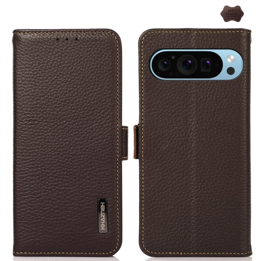 For Google Pixel 9 KHAZNEH Side-Magnetic Litchi Genuine Leather RFID Phone Case(Brown) - Google Cases by PMC Jewellery | Online Shopping South Africa | PMC Jewellery | Buy Now Pay Later Mobicred