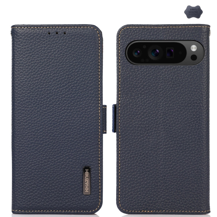 For Google Pixel 9 Pro KHAZNEH Side-Magnetic Litchi Genuine Leather RFID Phone Case(Blue) - Google Cases by PMC Jewellery | Online Shopping South Africa | PMC Jewellery | Buy Now Pay Later Mobicred