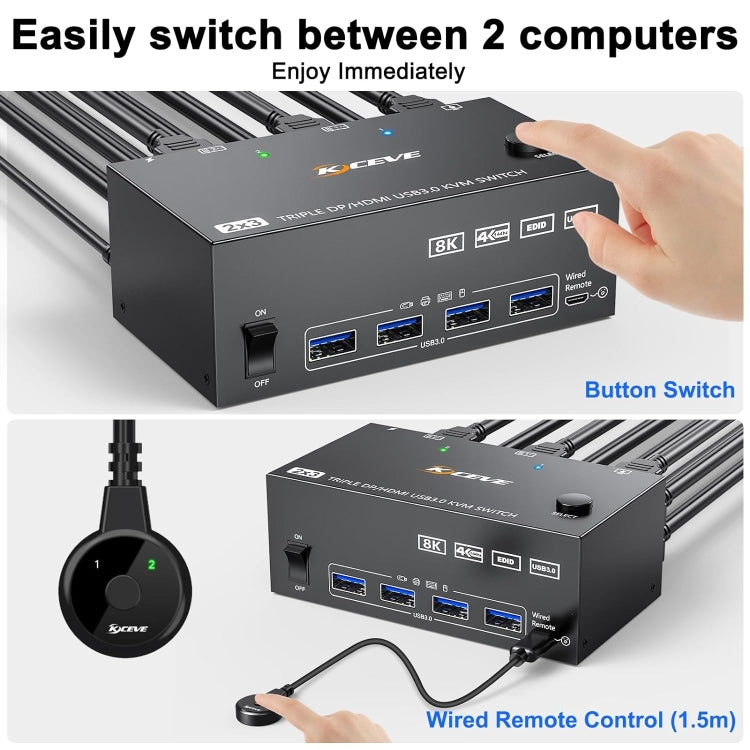 KC-KVM203DH 8K 30Hz USB3.0 DP+DP+HDMI Triple Monitors KVM Switch, UK Plug - Switch by PMC Jewellery | Online Shopping South Africa | PMC Jewellery | Buy Now Pay Later Mobicred