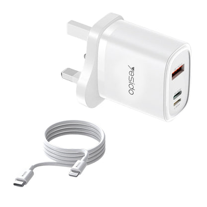 Yesido YC51 30W USB-C / Type-C + USB + 8 Pin Travel Charger with 1m Type-C to 8 Pin Cable, UK Plug(White) - USB Charger by Yesido | Online Shopping South Africa | PMC Jewellery | Buy Now Pay Later Mobicred