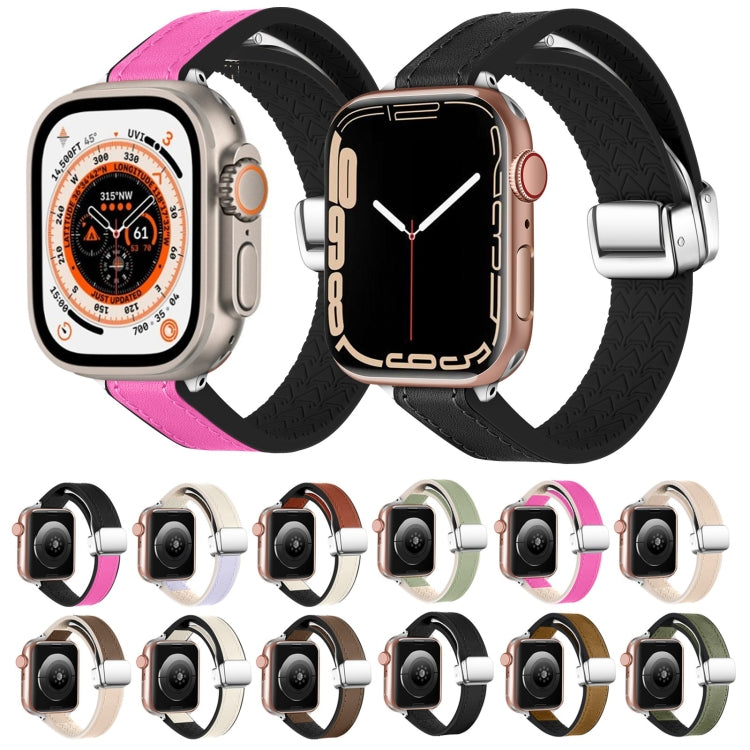 For Apple Watch Series 9 41mm Magnetic Folding Leather Silicone Watch Band(Rose Pink on Black) - Watch Bands by PMC Jewellery | Online Shopping South Africa | PMC Jewellery