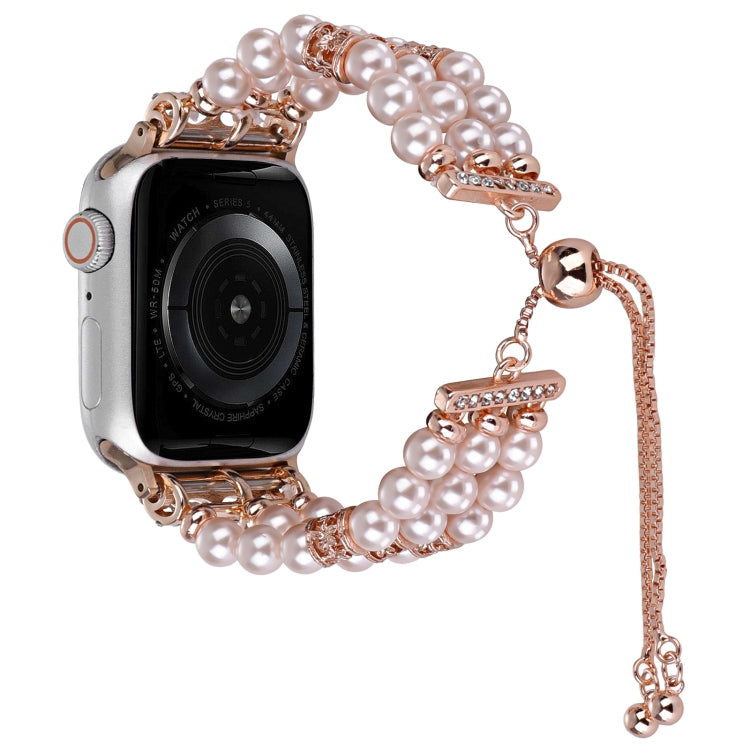 For Apple Watch Series 8 45mm Beaded Pearl Retractable Chain Watch Band(Pink) - Watch Bands by PMC Jewellery | Online Shopping South Africa | PMC Jewellery