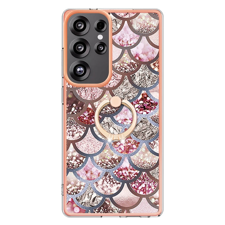 For Samsung Galaxy S25 Ultra 5G Electroplating Pattern IMD TPU Shockproof Case with Rhinestone Ring Holder(Pink Scales) - Galaxy S25 Ultra 5G Cases by PMC Jewellery | Online Shopping South Africa | PMC Jewellery | Buy Now Pay Later Mobicred