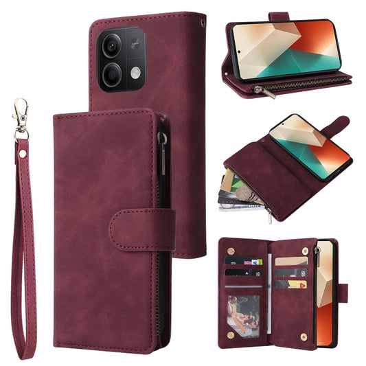 For Xiaomi Redmi Note 13 5G Multifunctional Frosted Zipper Wallet Leather Phone Case(Wine Red) - Note 13 Cases by PMC Jewellery | Online Shopping South Africa | PMC Jewellery | Buy Now Pay Later Mobicred