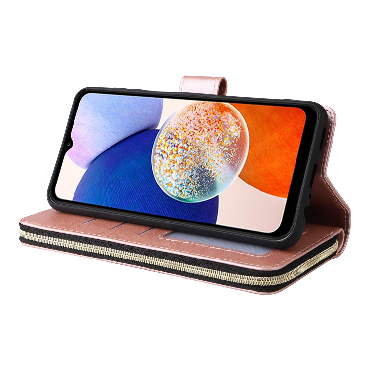 For Samsung Galaxy A15 5G 9-Card Slots Zipper Wallet Bag Leather Phone Case(Rose Gold) - Galaxy Phone Cases by PMC Jewellery | Online Shopping South Africa | PMC Jewellery | Buy Now Pay Later Mobicred