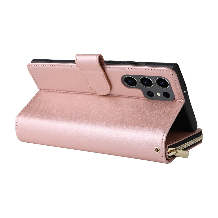 For Samsung Galaxy S24 Ultra 5G 9-Card Slots Zipper Wallet Bag Leather Phone Case(Rose Gold) - Galaxy S24 Ultra 5G Cases by PMC Jewellery | Online Shopping South Africa | PMC Jewellery | Buy Now Pay Later Mobicred