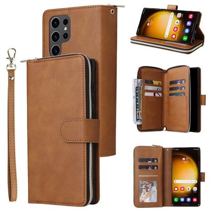 For Samsung Galaxy S24 Ultra 5G 9-Card Slots Zipper Wallet Bag Leather Phone Case(Brown) - Galaxy S24 Ultra 5G Cases by PMC Jewellery | Online Shopping South Africa | PMC Jewellery | Buy Now Pay Later Mobicred