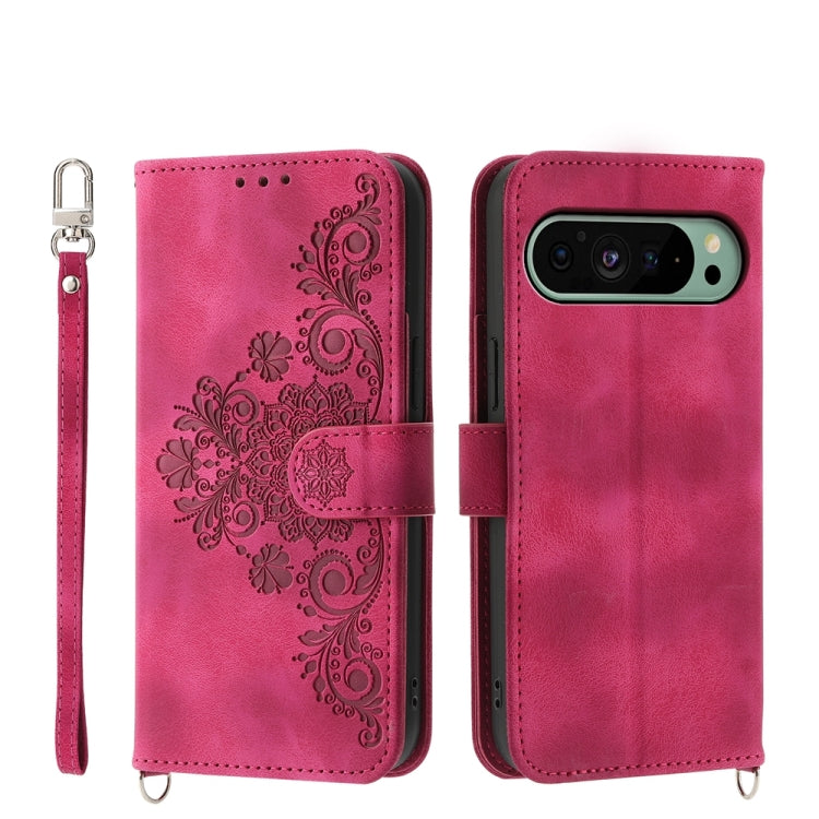 For Google Pixel 9 Skin-feel Flowers Embossed Wallet Leather Phone Case(Wine Red) - Google Cases by PMC Jewellery | Online Shopping South Africa | PMC Jewellery | Buy Now Pay Later Mobicred