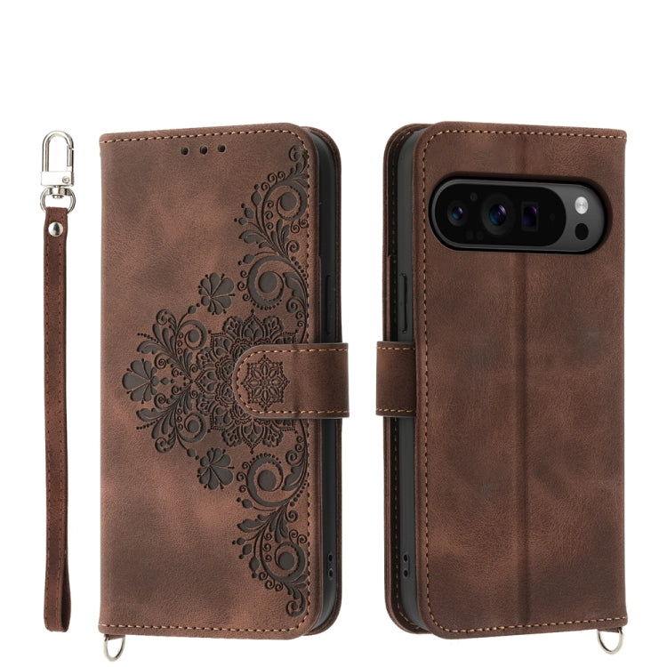 For Google Pixel 9 Pro Skin-feel Flowers Embossed Wallet Leather Phone Case(Brown) - Google Cases by PMC Jewellery | Online Shopping South Africa | PMC Jewellery | Buy Now Pay Later Mobicred