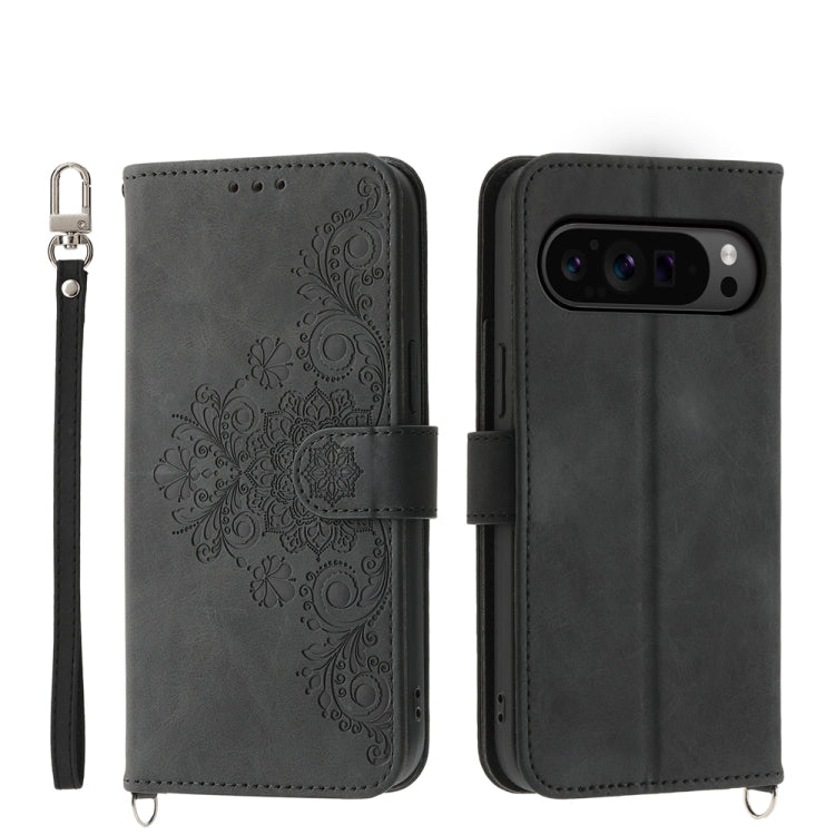 For Google Pixel 9 Pro Skin-feel Flowers Embossed Wallet Leather Phone Case(Black) - Google Cases by PMC Jewellery | Online Shopping South Africa | PMC Jewellery | Buy Now Pay Later Mobicred