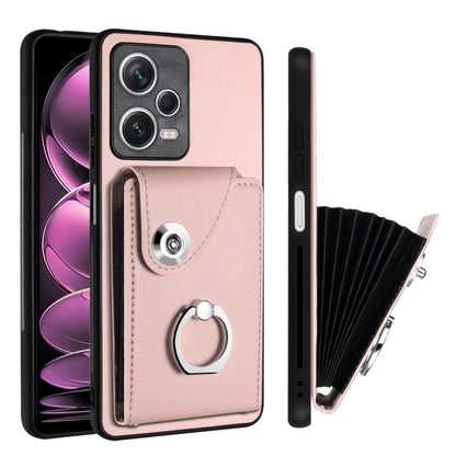 For Xiaomi Poco X5/Redmi Note 12 5G Global Organ Card Bag Ring Holder PU Phone Case(Pink) - Xiaomi Cases by PMC Jewellery | Online Shopping South Africa | PMC Jewellery | Buy Now Pay Later Mobicred