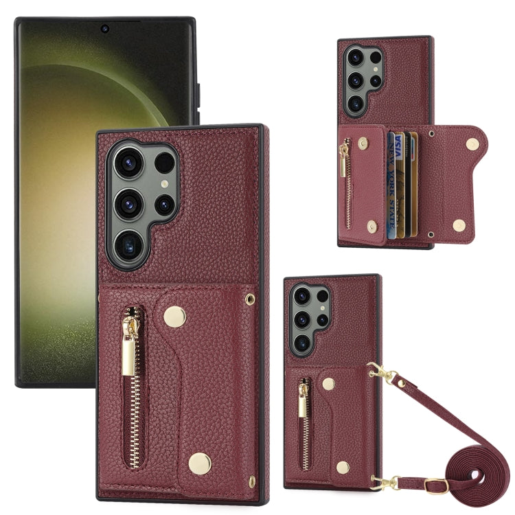 For Samsung Galaxy S24 Ultra DF-09 Crossbody Litchi texture Card Bag Design PU Phone Case(Wine Red) - Galaxy S24 Ultra 5G Cases by PMC Jewellery | Online Shopping South Africa | PMC Jewellery | Buy Now Pay Later Mobicred