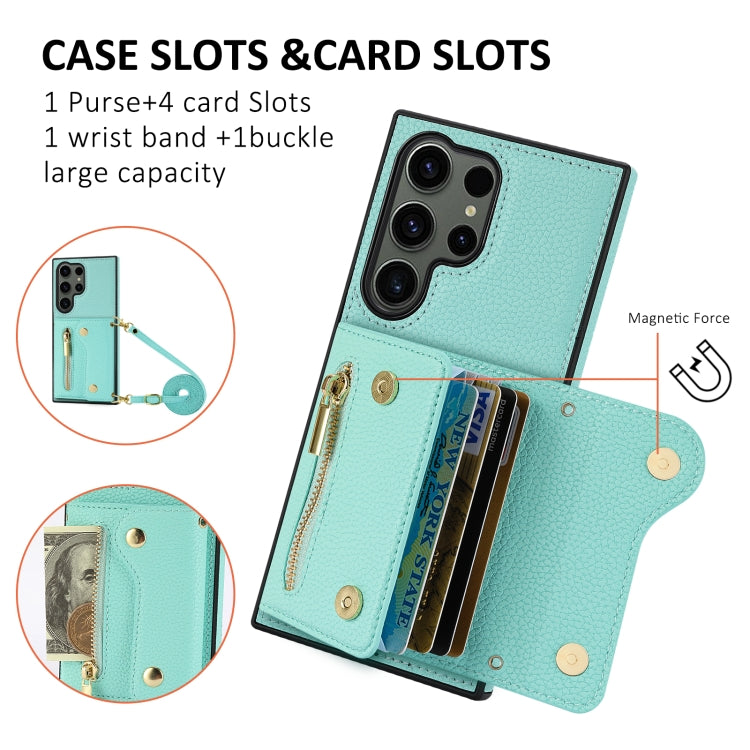 For Samsung Galaxy S24 Ultra DF-09 Crossbody Litchi texture Card Bag Design PU Phone Case(Cyan) - Galaxy S24 Ultra 5G Cases by PMC Jewellery | Online Shopping South Africa | PMC Jewellery | Buy Now Pay Later Mobicred