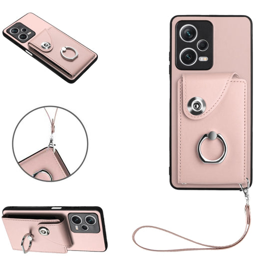 For Xiaomi Redmi Note 12 Pro 5G Global Organ Card Bag Ring Holder PU Phone Case with Lanyard(Pink) - Xiaomi Cases by PMC Jewellery | Online Shopping South Africa | PMC Jewellery | Buy Now Pay Later Mobicred