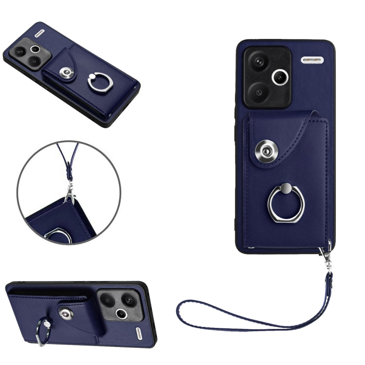 For Xiaomi Redmi Note 13 Pro+ Organ Card Bag Ring Holder PU Phone Case with Lanyard(Blue) - Note 13 Pro+ Cases by PMC Jewellery | Online Shopping South Africa | PMC Jewellery | Buy Now Pay Later Mobicred