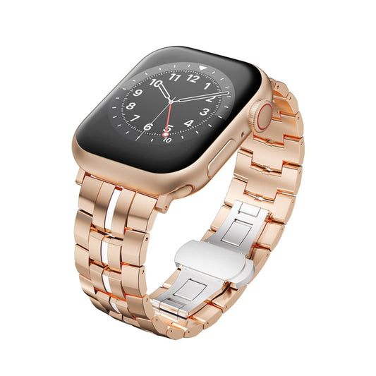 For Apple Watch Series 8 45mm Butterfly Buckle 5-Beads Metal Watch Band(Rose Gold White) - Watch Bands by PMC Jewellery | Online Shopping South Africa | PMC Jewellery