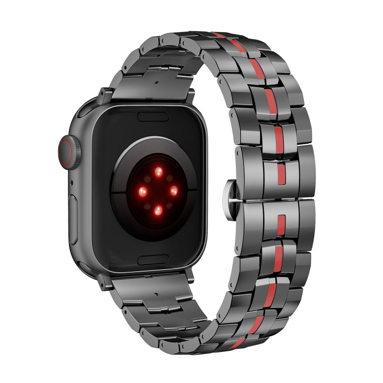 For Apple Watch 42mm Butterfly Buckle 5-Beads Metal Watch Band(Black Red) - Watch Bands by PMC Jewellery | Online Shopping South Africa | PMC Jewellery