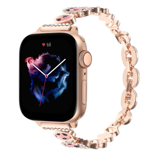 For Apple Watch Series 8 45mm Leopard Rhinestones Metal Chain Watch Band(Rose Gold) - Watch Bands by PMC Jewellery | Online Shopping South Africa | PMC Jewellery