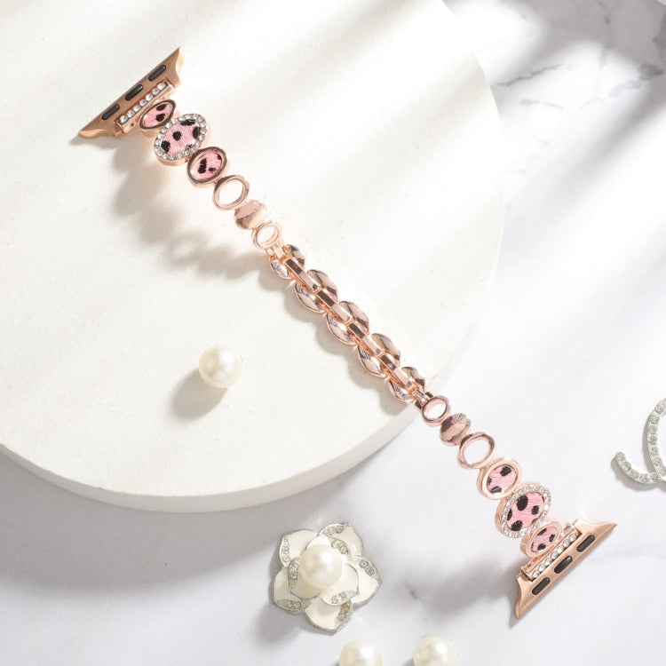 For Apple Watch Series 2 42mm Leopard Rhinestones Metal Chain Watch Band(Rose Gold) - Watch Bands by PMC Jewellery | Online Shopping South Africa | PMC Jewellery