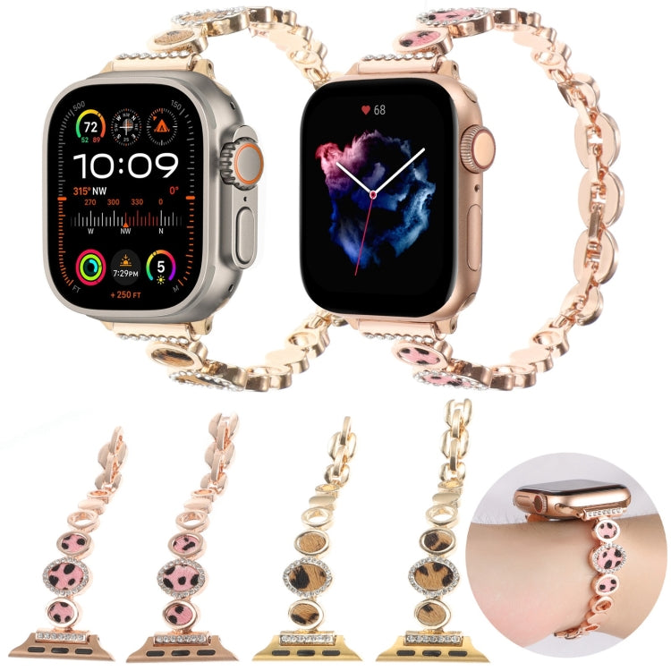 For Apple Watch SE 2022 44mm Leopard Rhinestones Metal Chain Watch Band(Rose Gold) - Watch Bands by PMC Jewellery | Online Shopping South Africa | PMC Jewellery