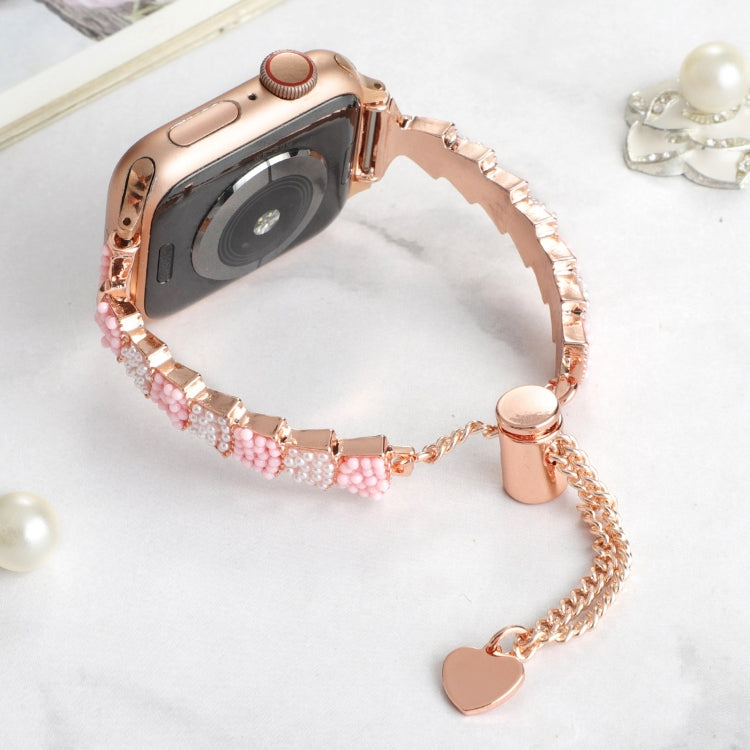 For Apple Watch Series 9 45mm Shell Beads Chain Bracelet Metal Watch Band(Pink White Rose Gold) - Watch Bands by PMC Jewellery | Online Shopping South Africa | PMC Jewellery