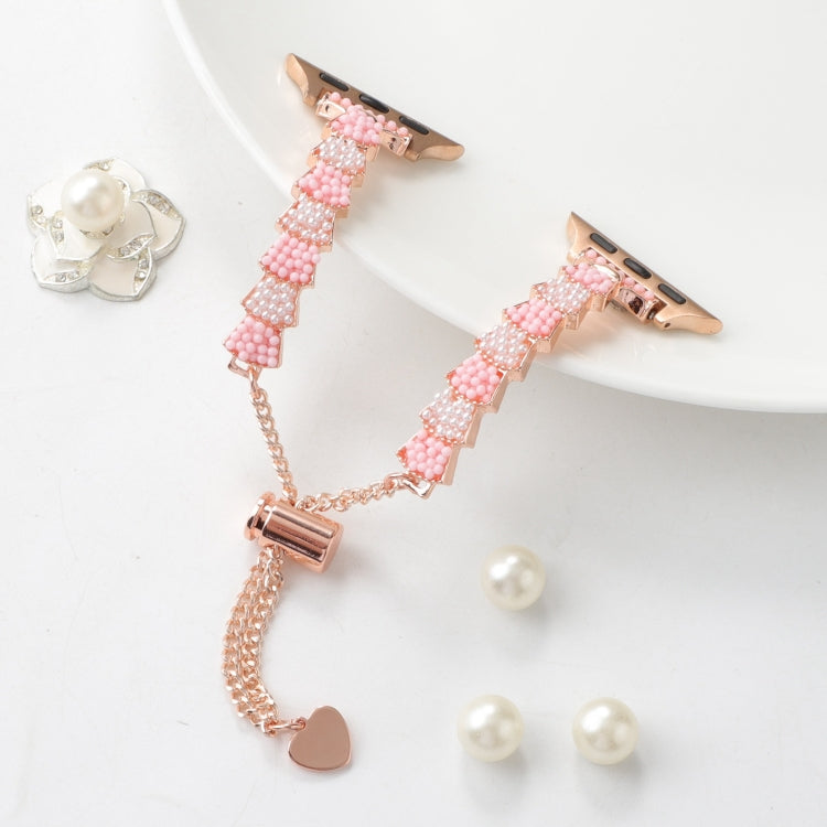 For Apple Watch Series 9 41mm Shell Beads Chain Bracelet Metal Watch Band(Pink White Rose Gold) - Watch Bands by PMC Jewellery | Online Shopping South Africa | PMC Jewellery