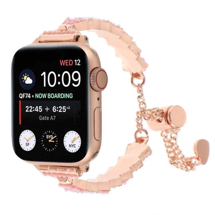 For Apple Watch SE 2022 44mm Shell Beads Chain Bracelet Metal Watch Band(Pink White Rose Gold) - Watch Bands by PMC Jewellery | Online Shopping South Africa | PMC Jewellery