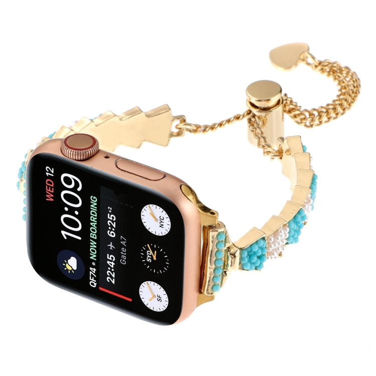 For Apple Watch Series 7 45mm Shell Beads Chain Bracelet Metal Watch Band(Blue White Gold) - Watch Bands by PMC Jewellery | Online Shopping South Africa | PMC Jewellery