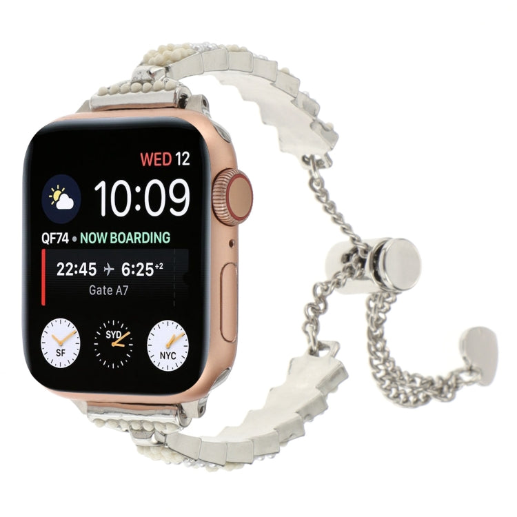 For Apple Watch Series 4 40mm Shell Beads Chain Bracelet Metal Watch Band(Beige White Silver) - Watch Bands by PMC Jewellery | Online Shopping South Africa | PMC Jewellery