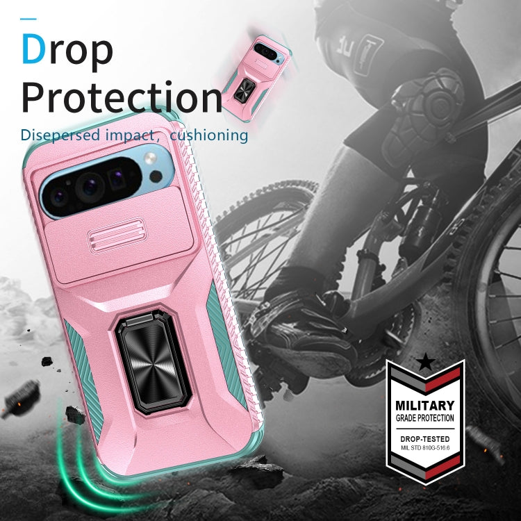 For Google Pixel 9 / Pixel 9 Pro Sliding Camshield Holder Phone Case(Pink + Grey Green) - Google Cases by PMC Jewellery | Online Shopping South Africa | PMC Jewellery | Buy Now Pay Later Mobicred