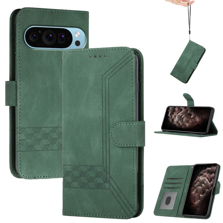 For Google Pixel 9 Pro Cubic Skin Feel Flip Leather Phone Case(Green) - Google Cases by PMC Jewellery | Online Shopping South Africa | PMC Jewellery | Buy Now Pay Later Mobicred