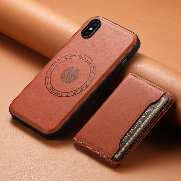 For iPhone X / XS Denior Cowhide Texture Leather MagSafe Detachable Wallet Phone Case(Brown) - More iPhone Cases by Denior | Online Shopping South Africa | PMC Jewellery | Buy Now Pay Later Mobicred