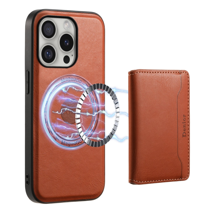 For iPhone 16 Pro Denior Cowhide Texture Leather MagSafe Detachable Wallet Phone Case(Brown) - iPhone 16 Pro Cases by Denior | Online Shopping South Africa | PMC Jewellery | Buy Now Pay Later Mobicred