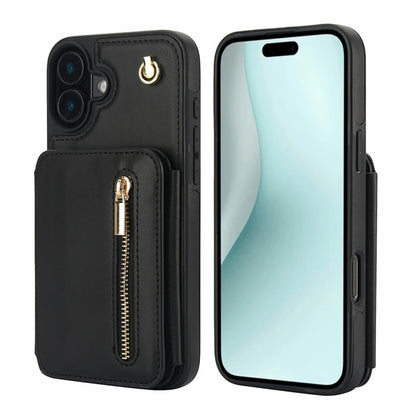 For iPhone 16 Plus YM006 Skin Feel Zipper Card Bag Phone Case with Dual Lanyard(Black) - iPhone 16 Plus Cases by PMC Jewellery | Online Shopping South Africa | PMC Jewellery | Buy Now Pay Later Mobicred