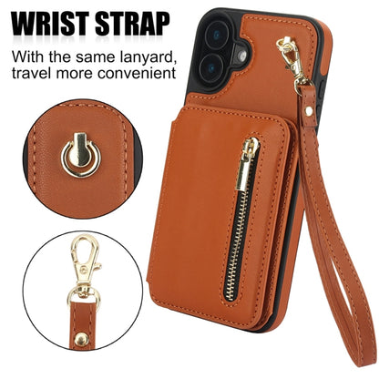 For iPhone 16 Plus YM006 Skin Feel Zipper Card Bag Phone Case with Dual Lanyard(Brown) - iPhone 16 Plus Cases by PMC Jewellery | Online Shopping South Africa | PMC Jewellery | Buy Now Pay Later Mobicred